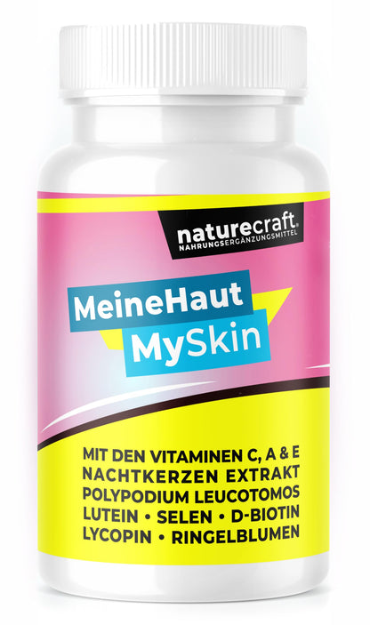 Meine Haut - MySkin - Nahrungsergänzungsmittel mit Vitamin C, A E, Nachtkerzen Extrakt, Ringelblumen, Lutein, Lycopin, D-Biotin, Selen und Polypodium Leucotomos - vegan - 60 Kapseln