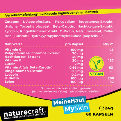 Meine Haut - MySkin - Nahrungsergänzungsmittel mit Vitamin C, A E, Nachtkerzen Extrakt, Ringelblumen, Lutein, Lycopin, D-Biotin, Selen und Polypodium Leucotomos - vegan - 60 Kapseln