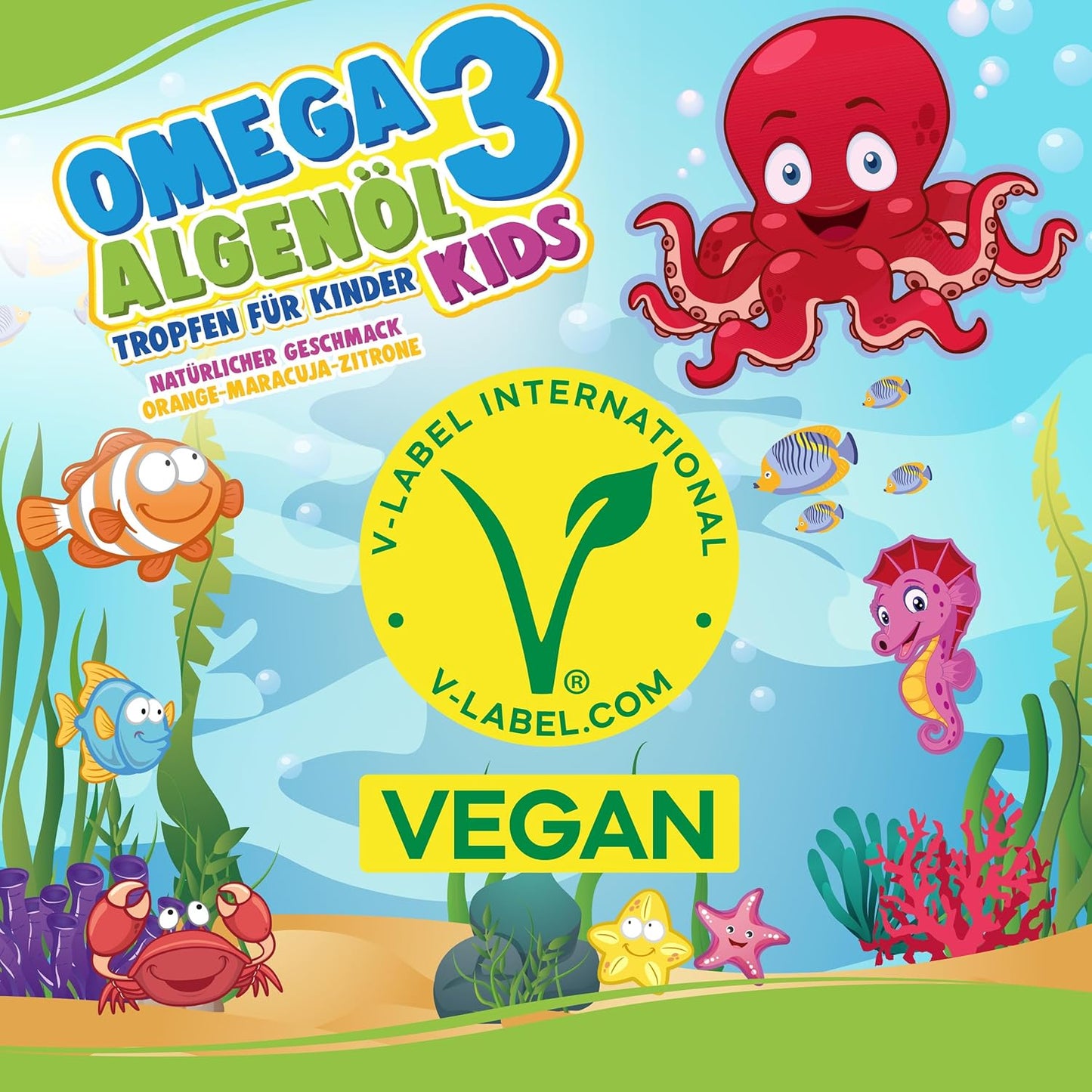 Omega-3 KIDS Algenöl PLUS Tropfen für Kinder - 40% DHA & 20% EPA mit Vitamin D3 + K2 + A + E - natürlich süßer Geschmack mit Maracuja-, Orangen- und Zitronenöl - Vegan (20ml = bis zu 4 Monats-Vorrat)