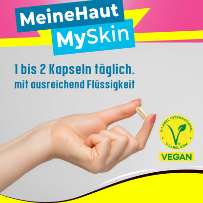 Meine Haut - MySkin - Nahrungsergänzungsmittel mit Vitamin C, A E, Nachtkerzen Extrakt, Ringelblumen, Lutein, Lycopin, D-Biotin, Selen und Polypodium Leucotomos - vegan - 60 Kapseln