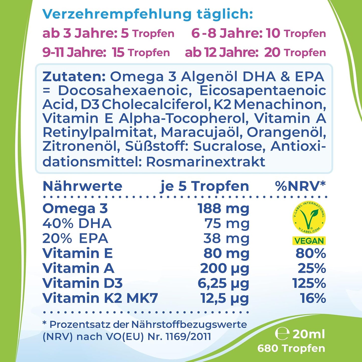 Omega-3 KIDS Algenöl PLUS Tropfen für Kinder - 40% DHA & 20% EPA mit Vitamin D3 + K2 + A + E - natürlich süßer Geschmack mit Maracuja-, Orangen- und Zitronenöl - Vegan (20ml = bis zu 4 Monats-Vorrat)