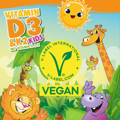 Vitamin D3+K2 KIDS mit Vitamin A & E, Vegan - dosiert für Kinder ab dem 3. Lebensjahr - Geschmacksneutral (20ml = max. 22 Monats-Vorrat)