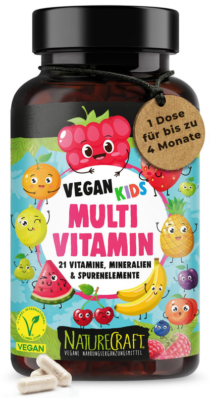 Vegan Kids Multivitamin - Vitamin A+B1+B2+B3+B5+B6+B7+B9+B12+C+D3+K2+E + Cholin + Eisen + Zink + Jod + Kalium + Selen + Natrium + Magnesium - Komplex für Kinder mit 120 Kapseln (max. 4 Monats-Vorrat)