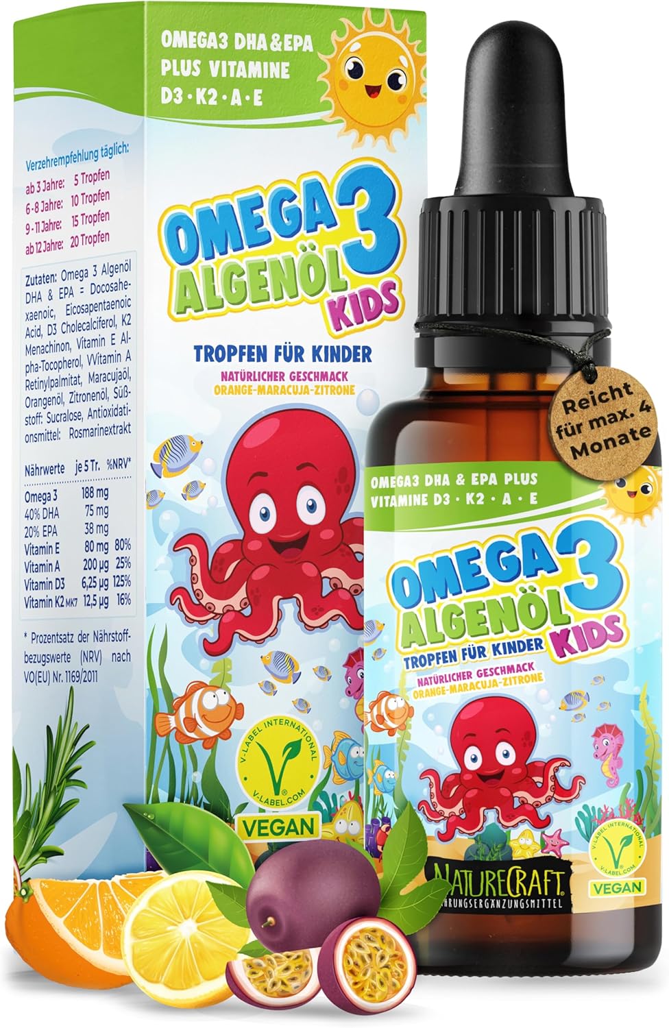 Omega-3 KIDS Algenöl PLUS Tropfen für Kinder - 40% DHA & 20% EPA mit Vitamin D3 + K2 + A + E - natürlich süßer Geschmack mit Maracuja-, Orangen- und Zitronenöl - Vegan (20ml = bis zu 4 Monats-Vorrat)