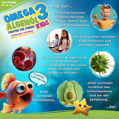 Omega-3 KIDS Algenöl PLUS Tropfen für Kinder - 40% DHA & 20% EPA mit Vitamin D3 + K2 + A + E - natürlich süßer Geschmack mit Maracuja-, Orangen- und Zitronenöl - Vegan (20ml = bis zu 4 Monats-Vorrat)